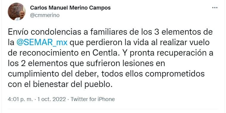 Carlos Manuel Merino Campos, el gobernador interino de Tabasco confirmó la muerte de 3 elementos de la Semar