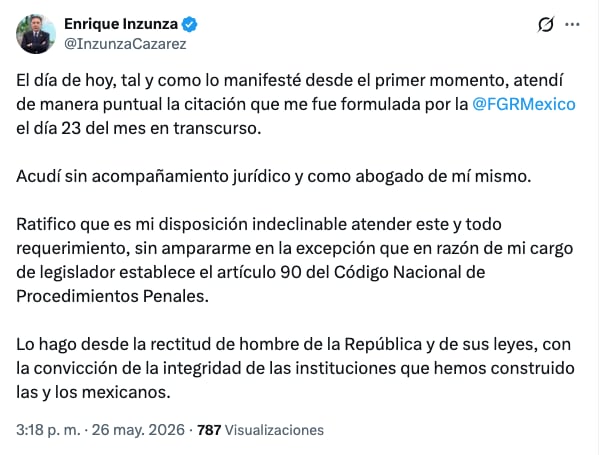 Enrique Inzunza acudió a su comparecencia ante la FGR sin abogado