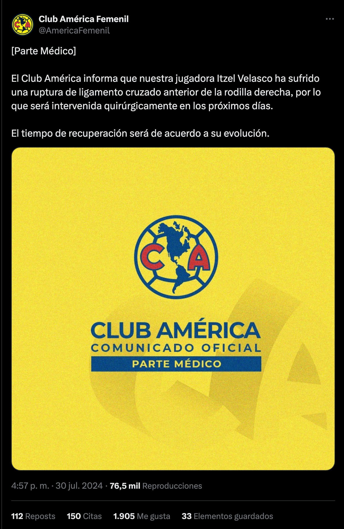 Parte médico de Itzel Velasco.