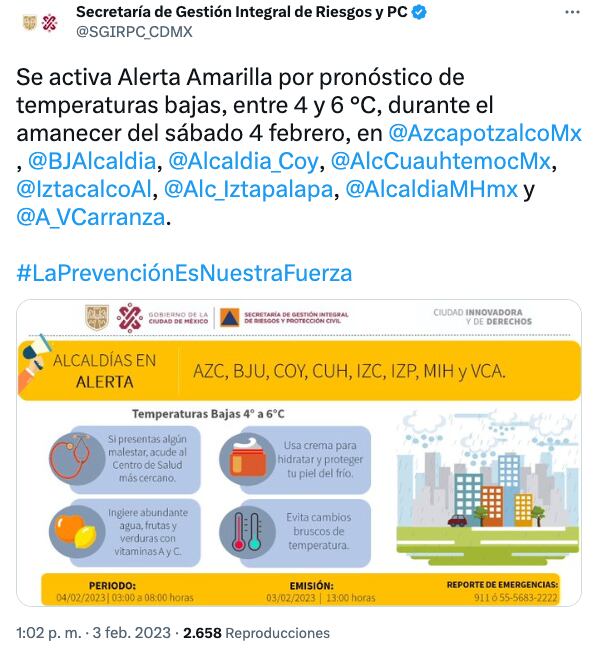 Alerta amarilla en 8 alcaldías