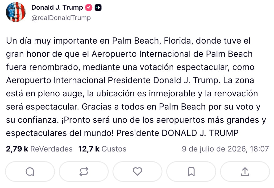Donald Trump celebra que el Aeropuerto de Palm Beach ahora lleve su nombre