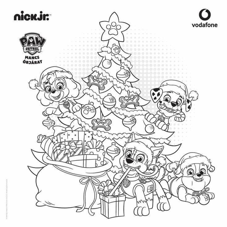 Dibujos de Paw Patrol con un árbol de Navidad para colorear