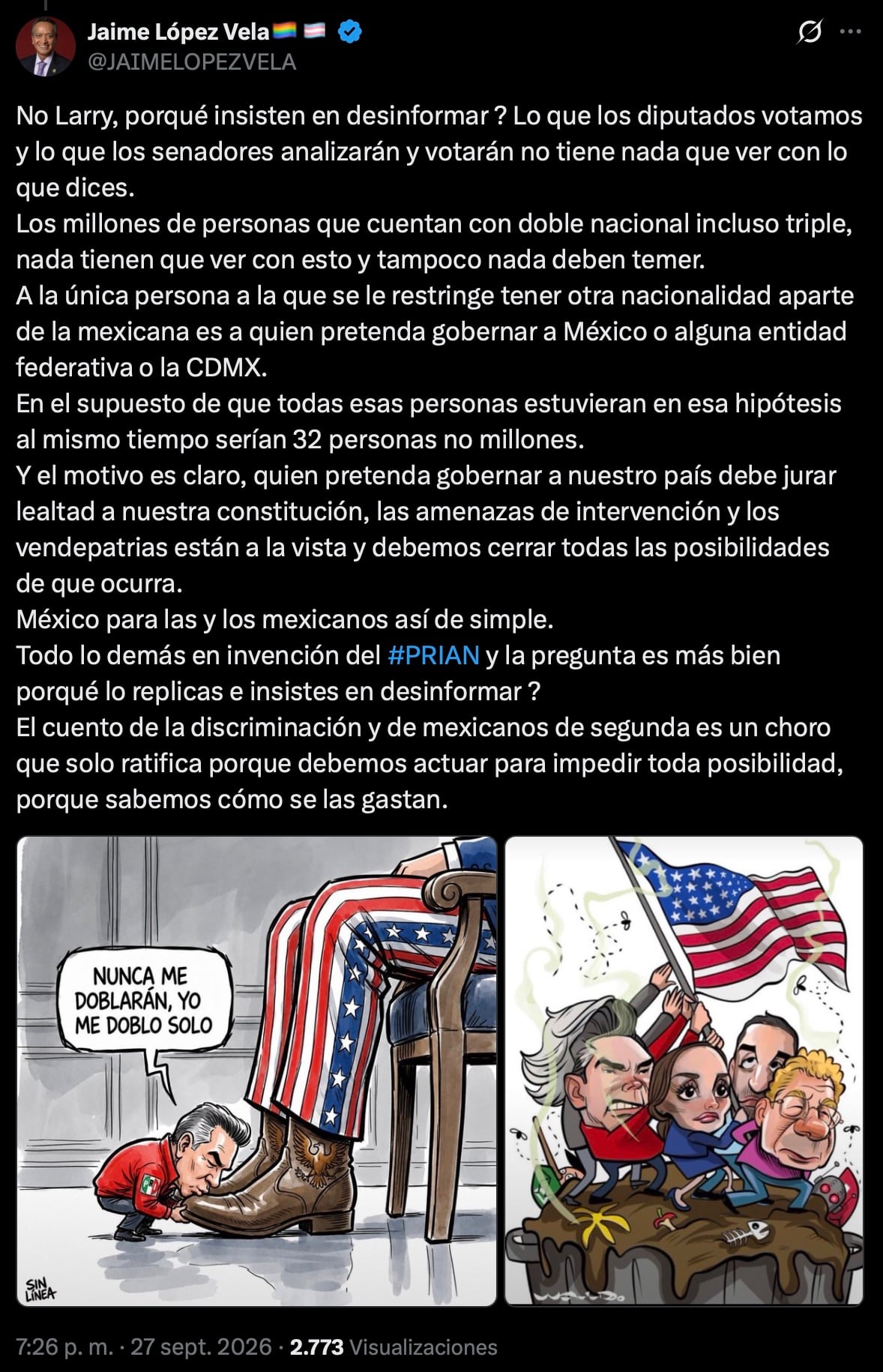 Larry Rubin pide al Senado rechazar la reforma de nacionalidad única