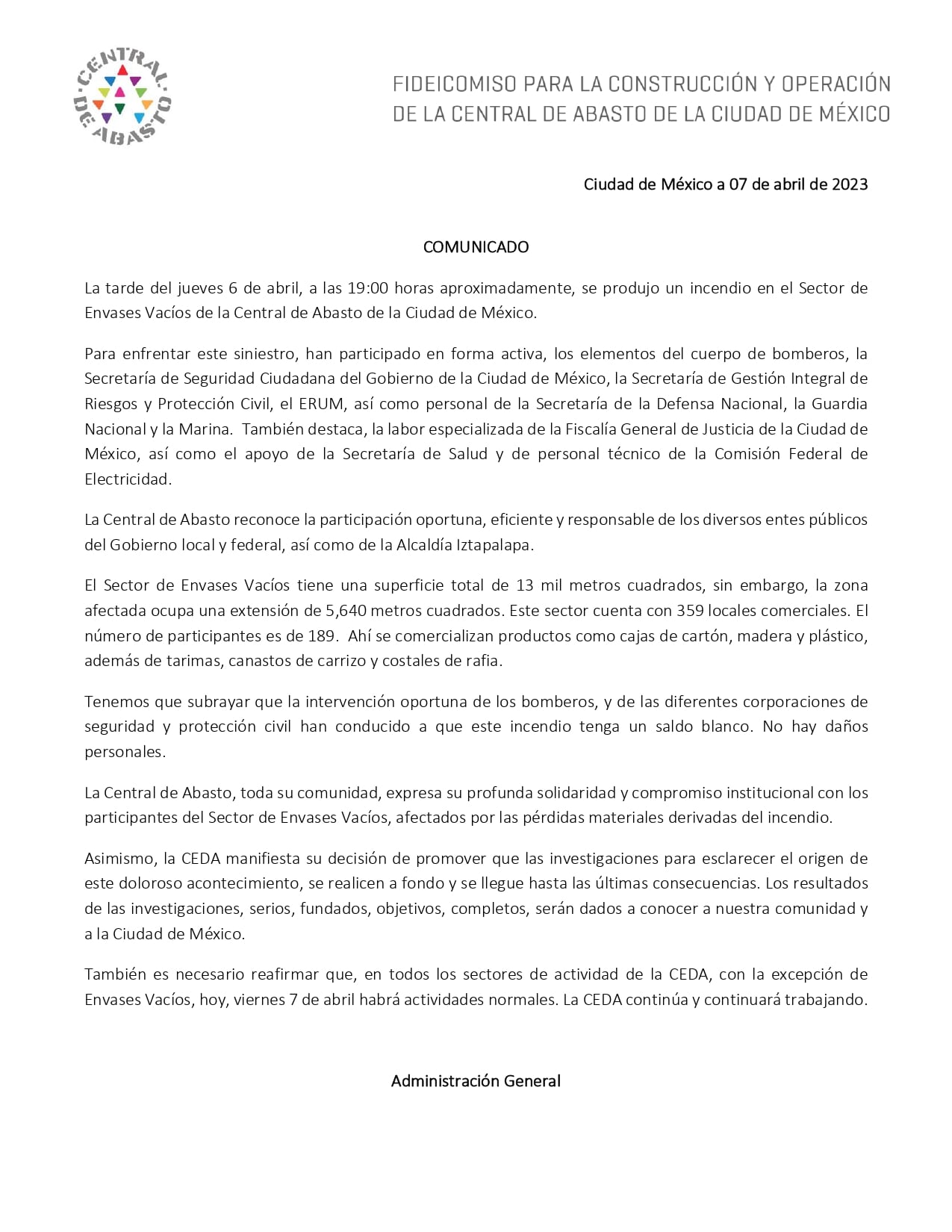 Comunicado de la Administración de la Central de Abastos CDMX