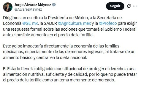 Jorge Álvarez Maynez pide 5 acciones Claudia Sheinbaum por el precio de la tortilla.