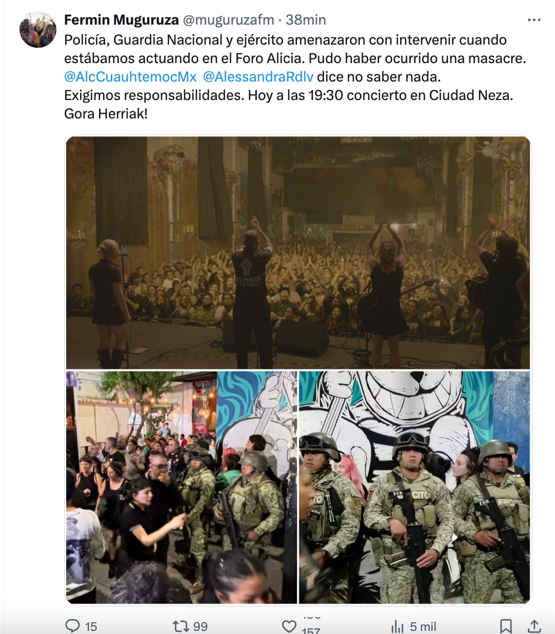 Fermín Muguruza lamenta operativo que suspendió su concierto