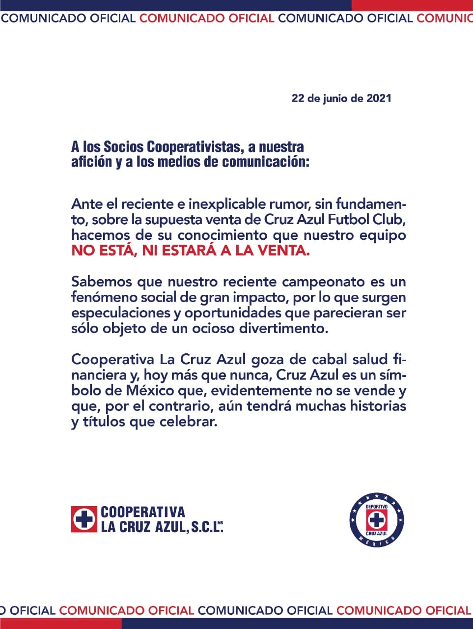 Cruz Azul desmiente venta