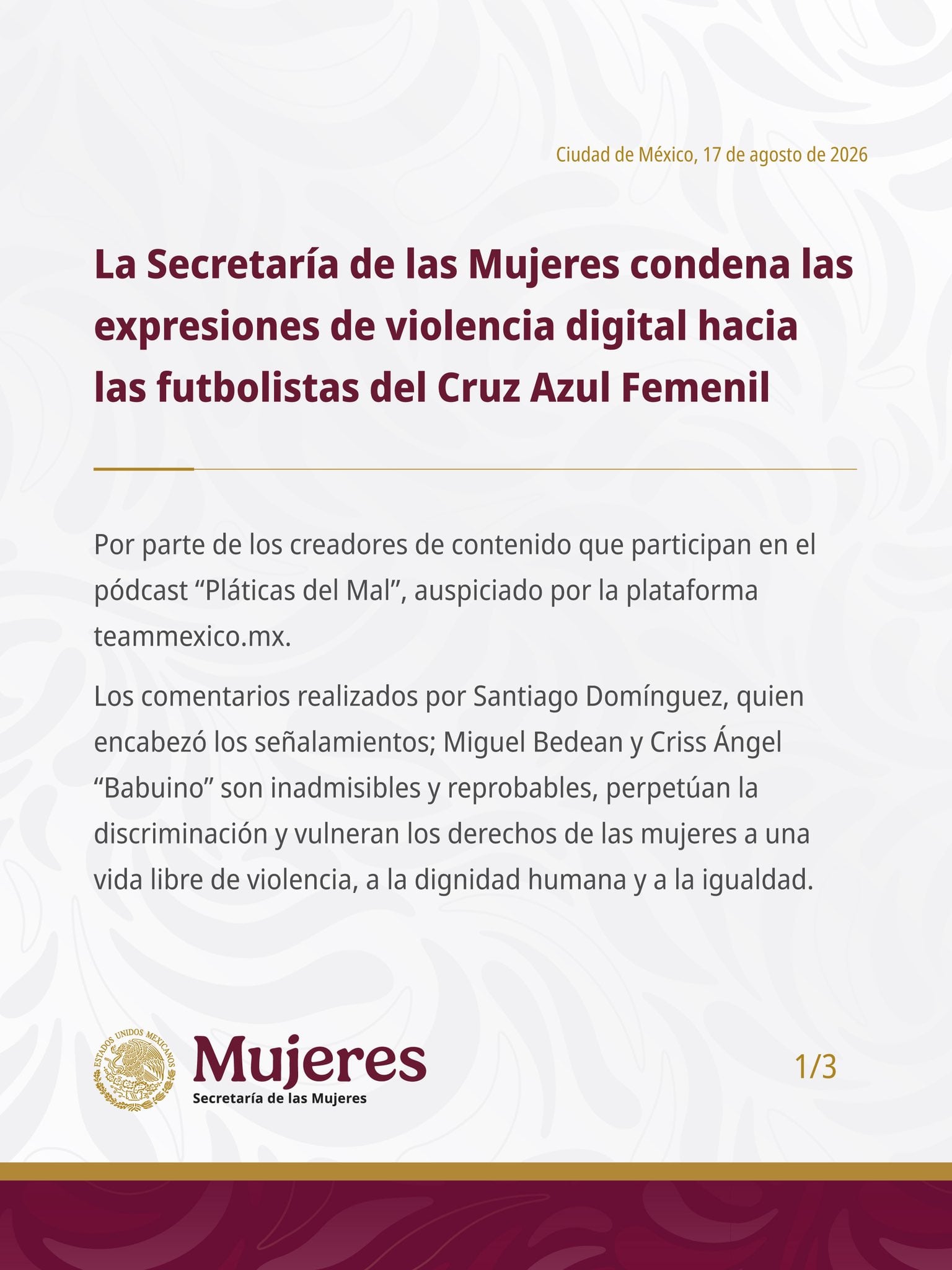 Secretaría de las Mujeres condena violencia digital contra jugadoras de Cruz Azul Femenil