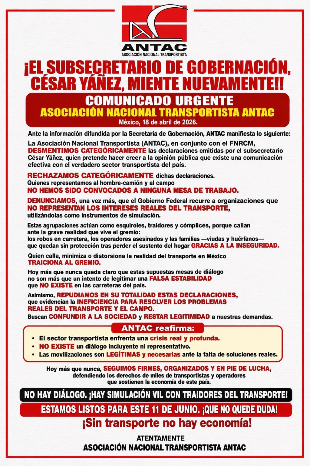 ANTAC advierte movilización el 11 de junio si no hay diálogo con Yáñez