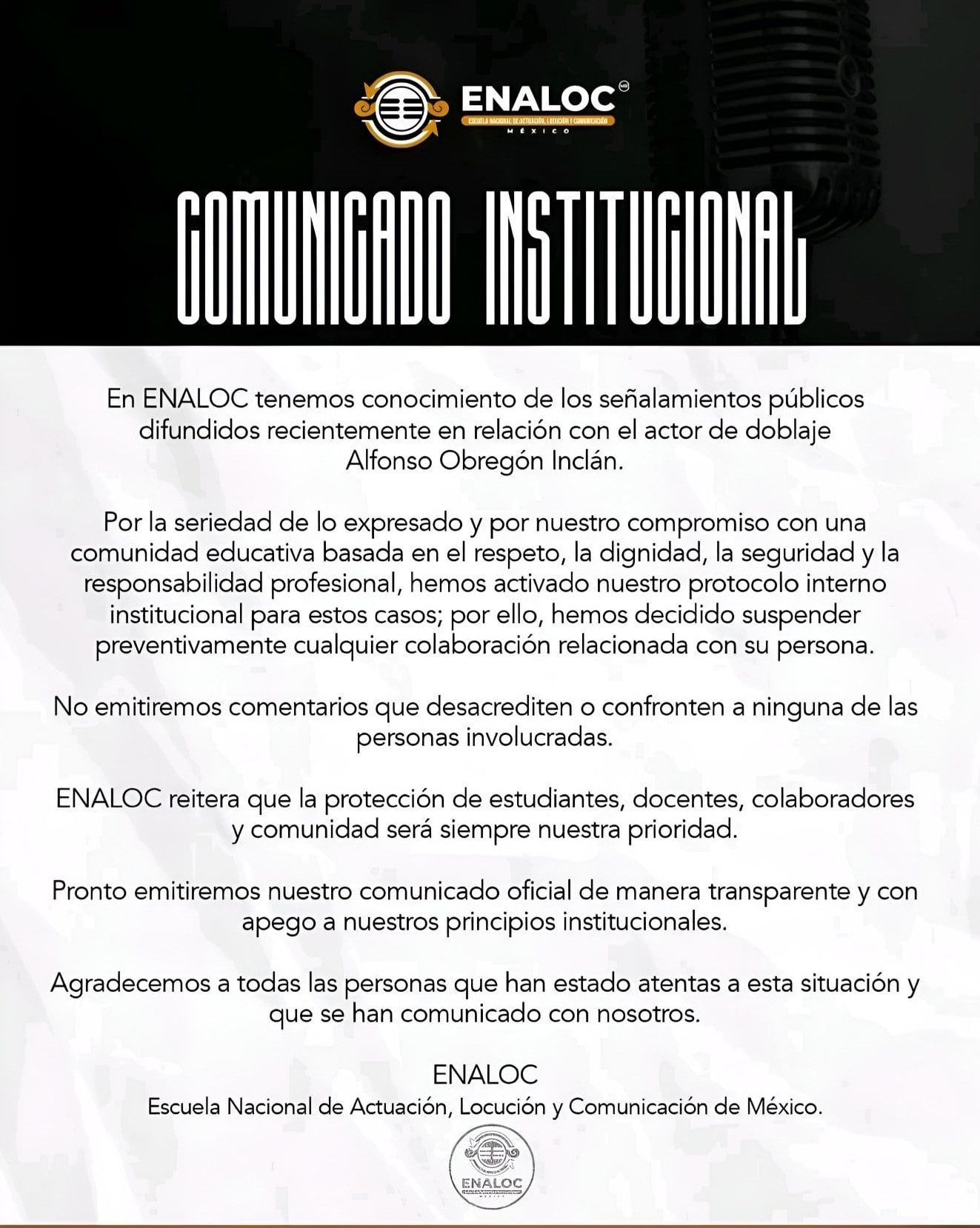 Comunicado de ENALOC en donde termina su relación laboral con Alfonso Obregón tras nuevas acusaciones