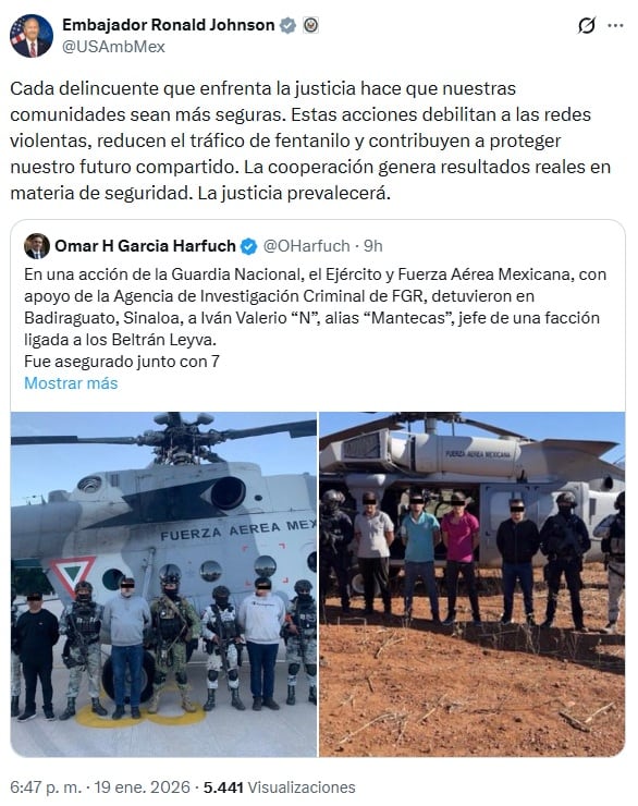 Ronald Johnson resalta captura de “El Mantecas” como ejemplo de cooperación bilateral
