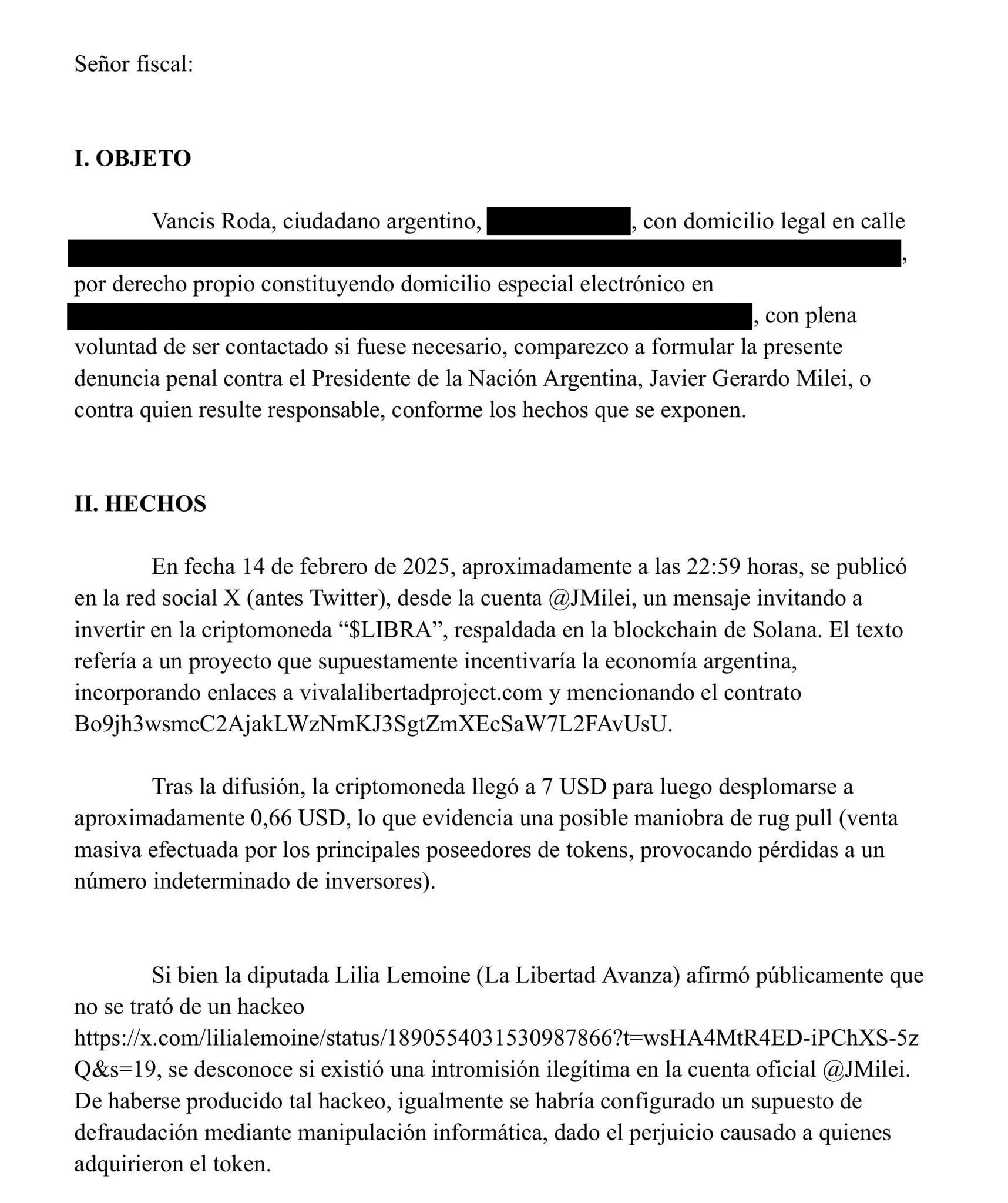 Denuncia contra Javier Milei por $Libra