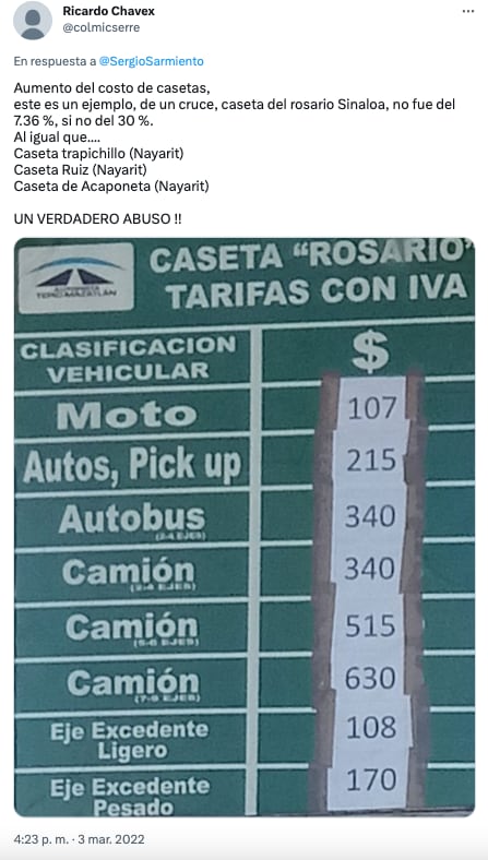 Aumentos de los costos en autopistas de Nayarit y Sinaloa