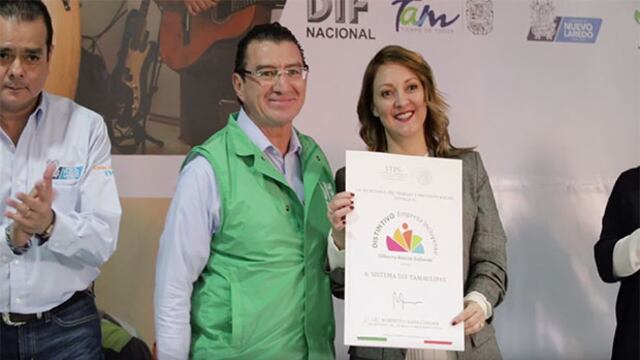 Mariana Gómez de García Cabeza de Vaca, Presidenta del Sistema DIF Tamaulipas, recibió de parte de la Secretaría del Trabajo y Previsión Social y DIF Nacional el Distintivo Empresa Incluyente, “Gilberto Rincón Gallardo”.