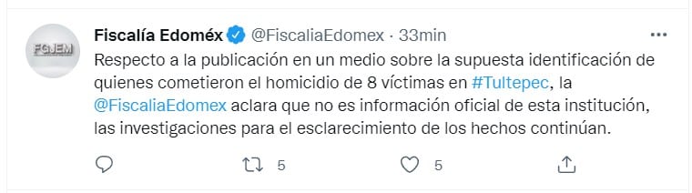 Tuit de la Fiscalía de Edomex
