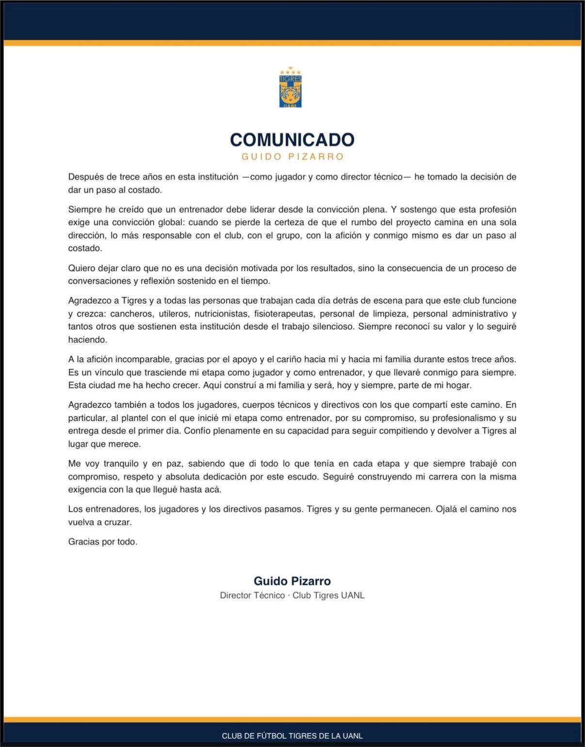 Comunicado de Guido Pizarro anunciando su renuncia a Tigres UANL