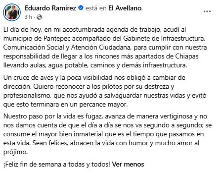 Helicóptero de Eduardo Ramírez realiza maniobra de emergencia en Chiapas