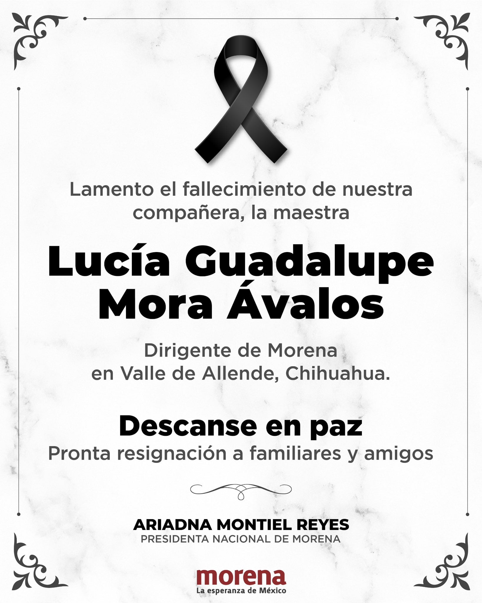 Esquela de Ariadna Montiel por asesinato de Lucía Guadalupe Mora en Valle de Allende.