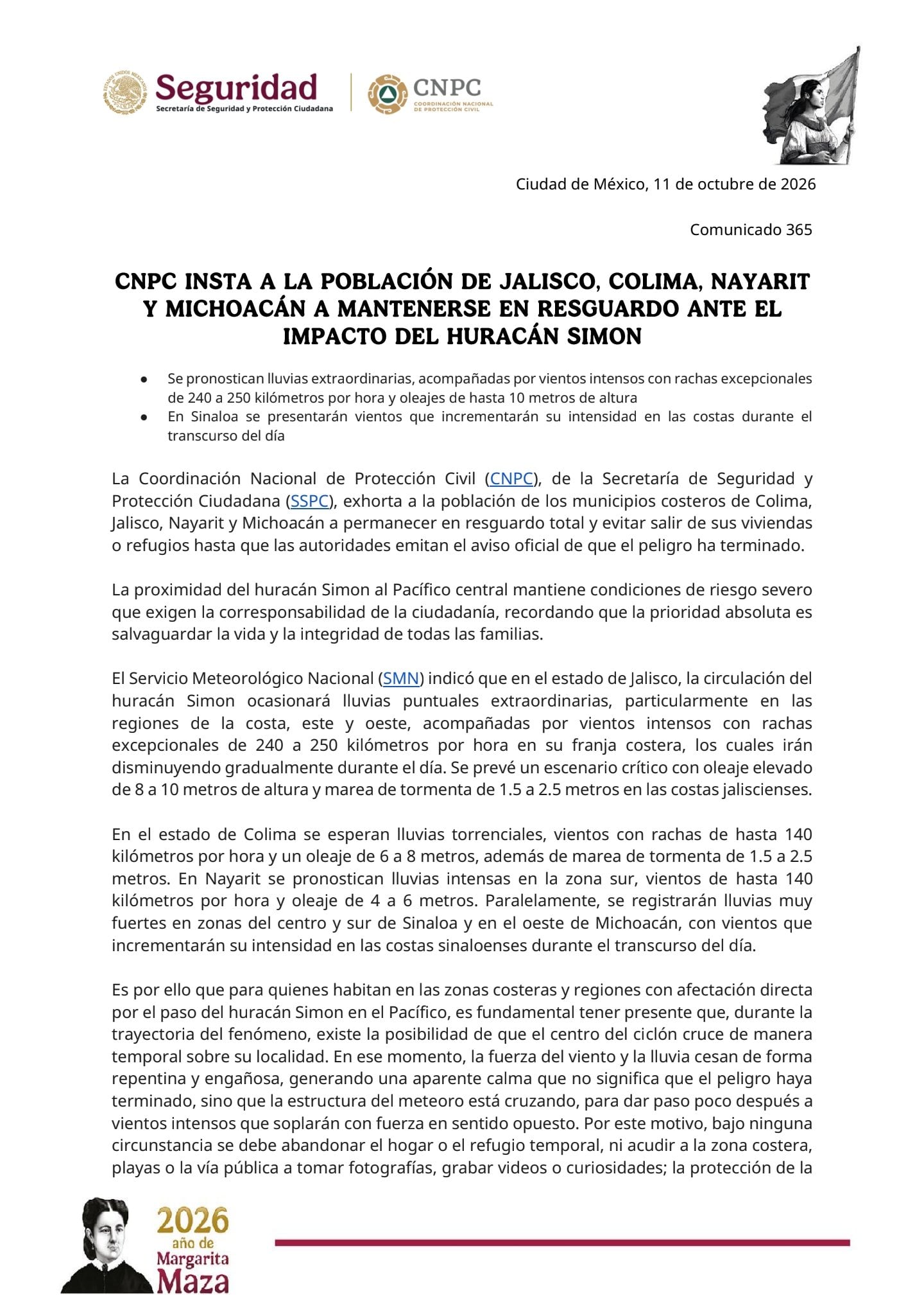Comunicado de la CNPC por el huracán Simón