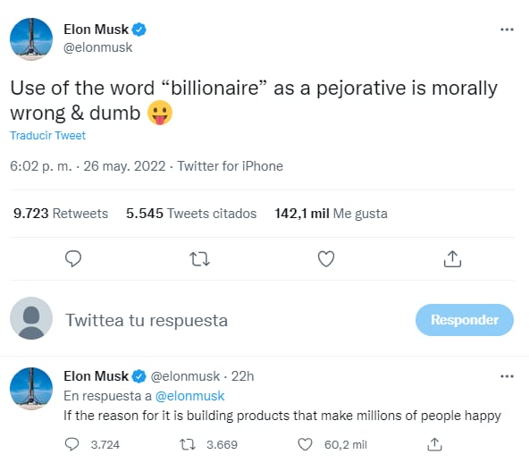 Tuit de Elon Musk sobre los multimillonarios