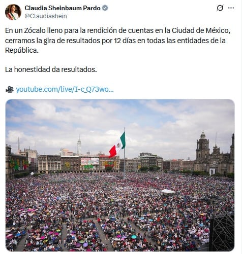 Claudia Sheinbaum presume el Zócalo lleno para su Segundo Informe.