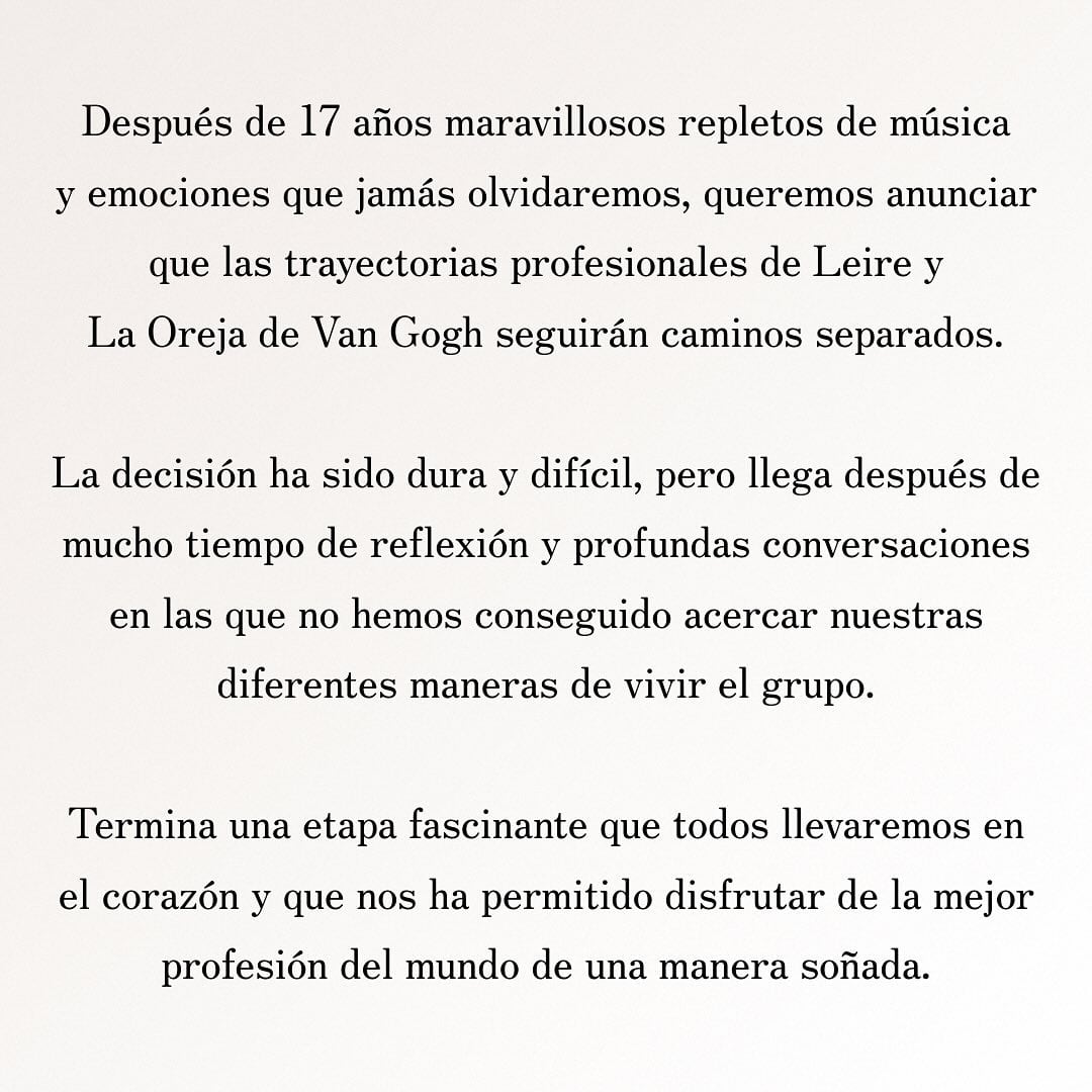 La Oreja de Van Gogh anuncia su separación de Leire.
