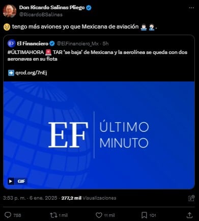 Ricardo Salinas Pliego se burla de Mexicana de Aviación