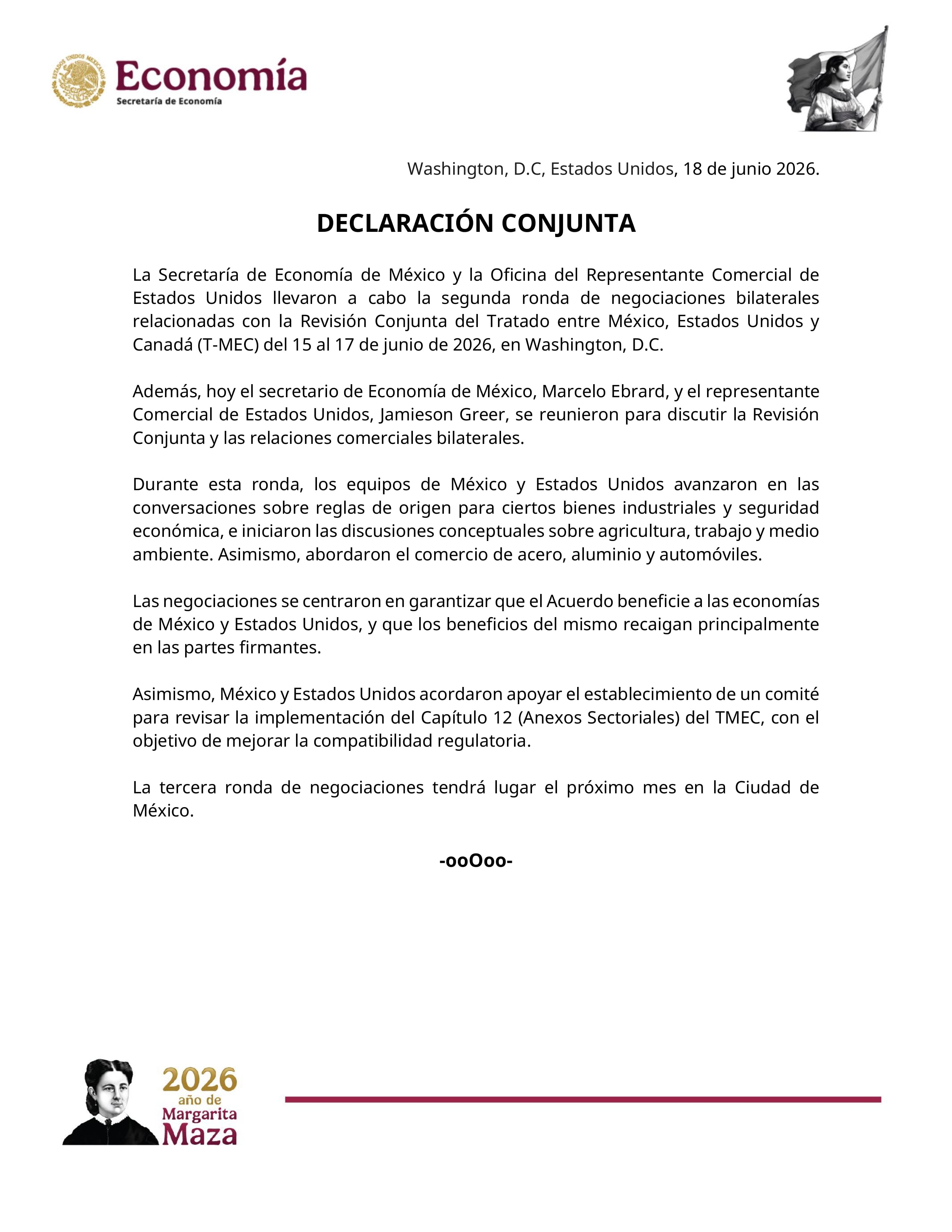 Secretaría de Economía informa avances tras segunda reunión de negociaciones del T-MEC