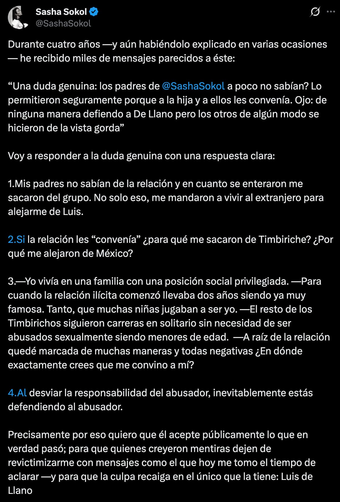 Sasha Sokol responde a quienes la siguen revictimizando a 4 años de su denuncia contra Luis de Llano