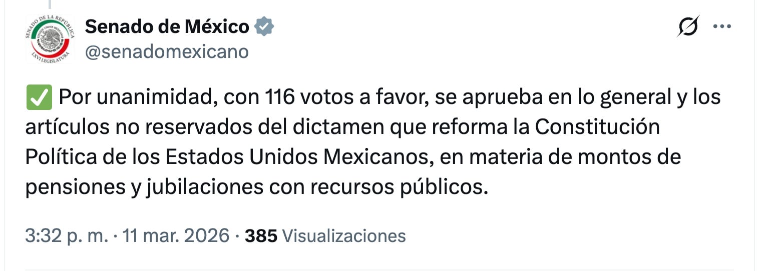 Reforma a pensiones es aprobada con unanimidad en el Senado