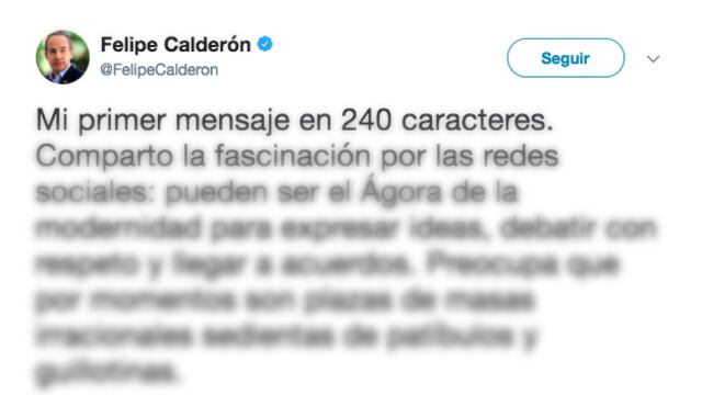 El tuit de Felipe Calderón sobre los nuevos 280 caracteres.