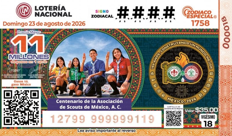 Lotería Nacional celebra 100 años de Scouts de México con billete conmemorativo.
