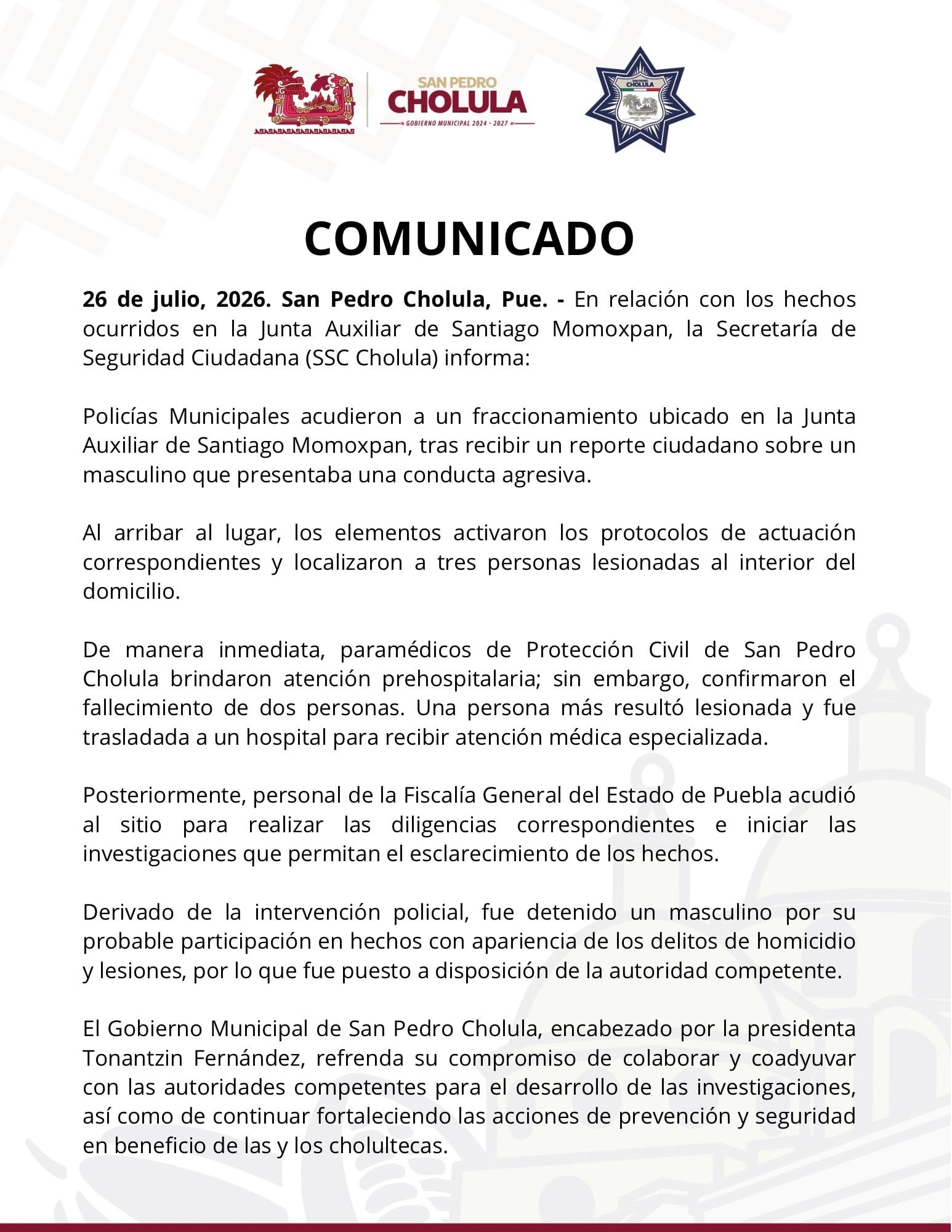 Tragedia en San Pedro Cholula: detienen a presunto responsable de asesinar a sus padres