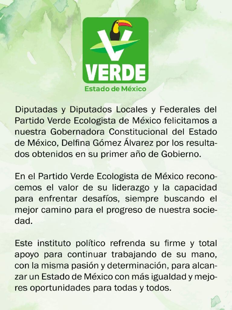 Diputados del PVEM felicitan a Delfina Gómez