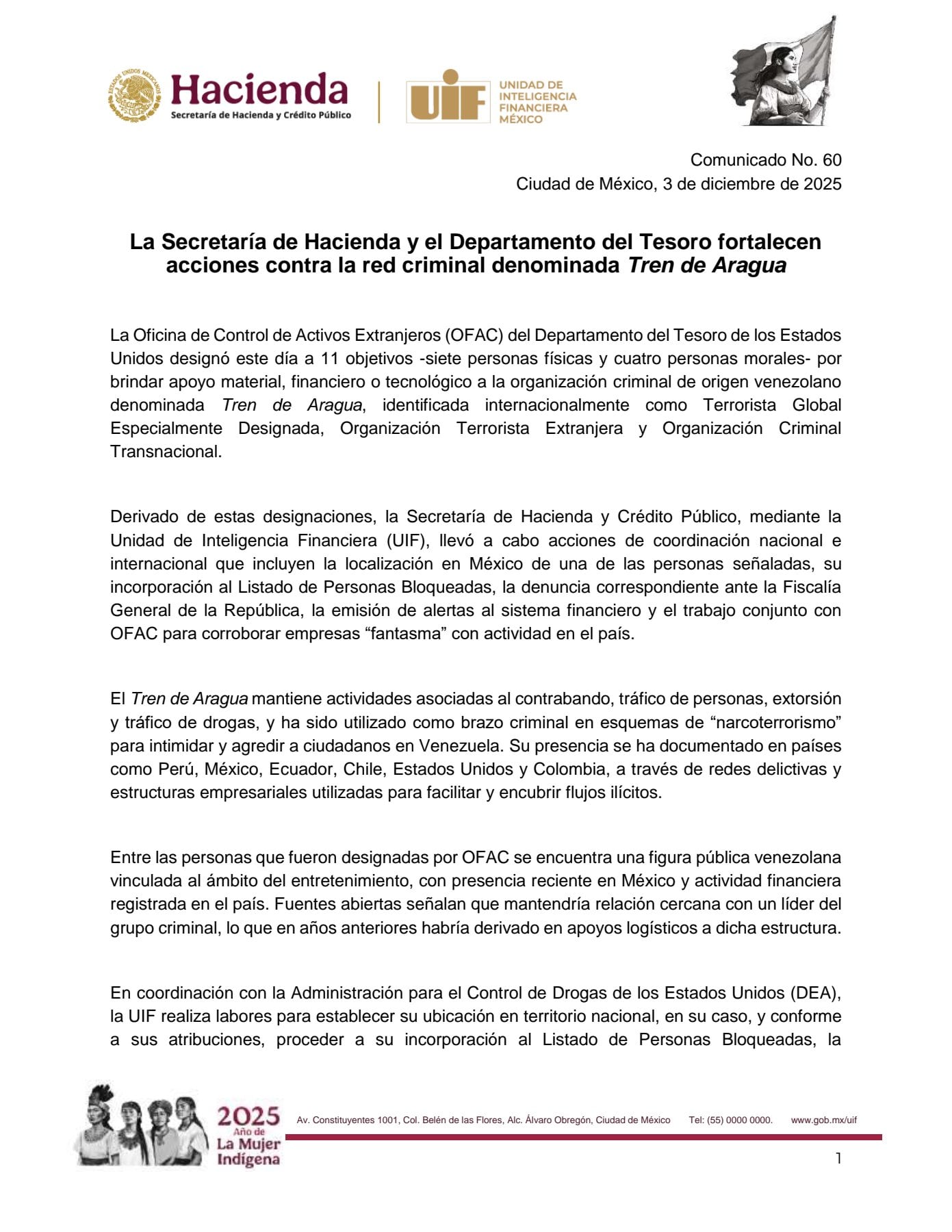 Comunicado de la SHCP sobre el Tren de Aragua y DJ Rosita