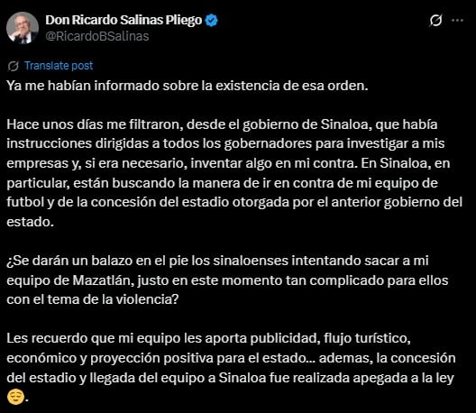Ricardo Salinas Pliego denunció presuntas instrucciones desde el gobierno de Sinaloa para investigar a sus empresas