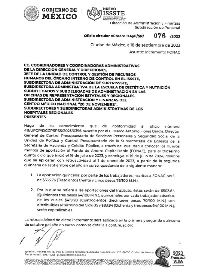 Incremento FONAC, ISSSTE