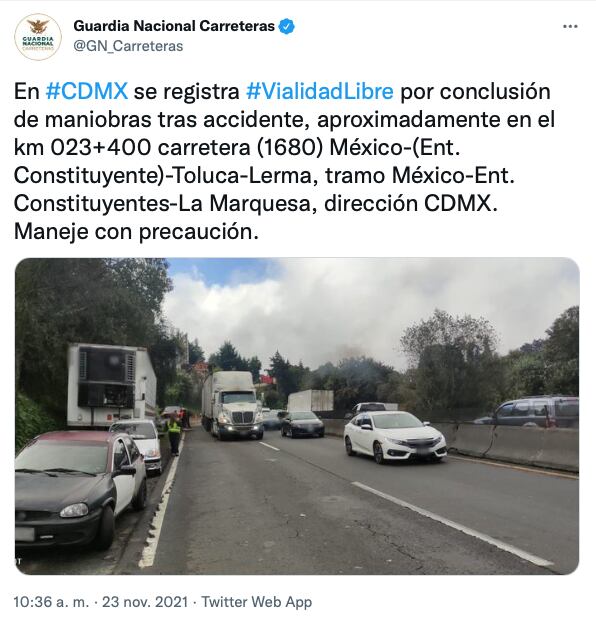 Tuit de @GN_Carreteras reportando accidente de hoy en México Toluca