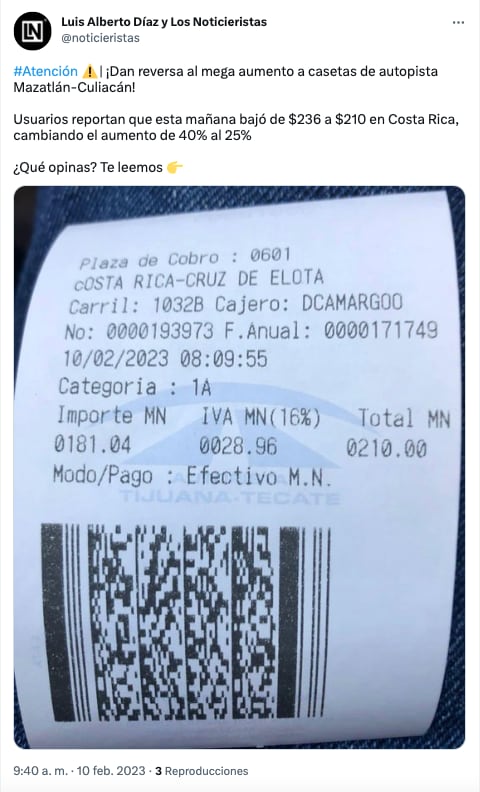 Aumentos de los costos en autopistas de Nayarit y Sinaloa