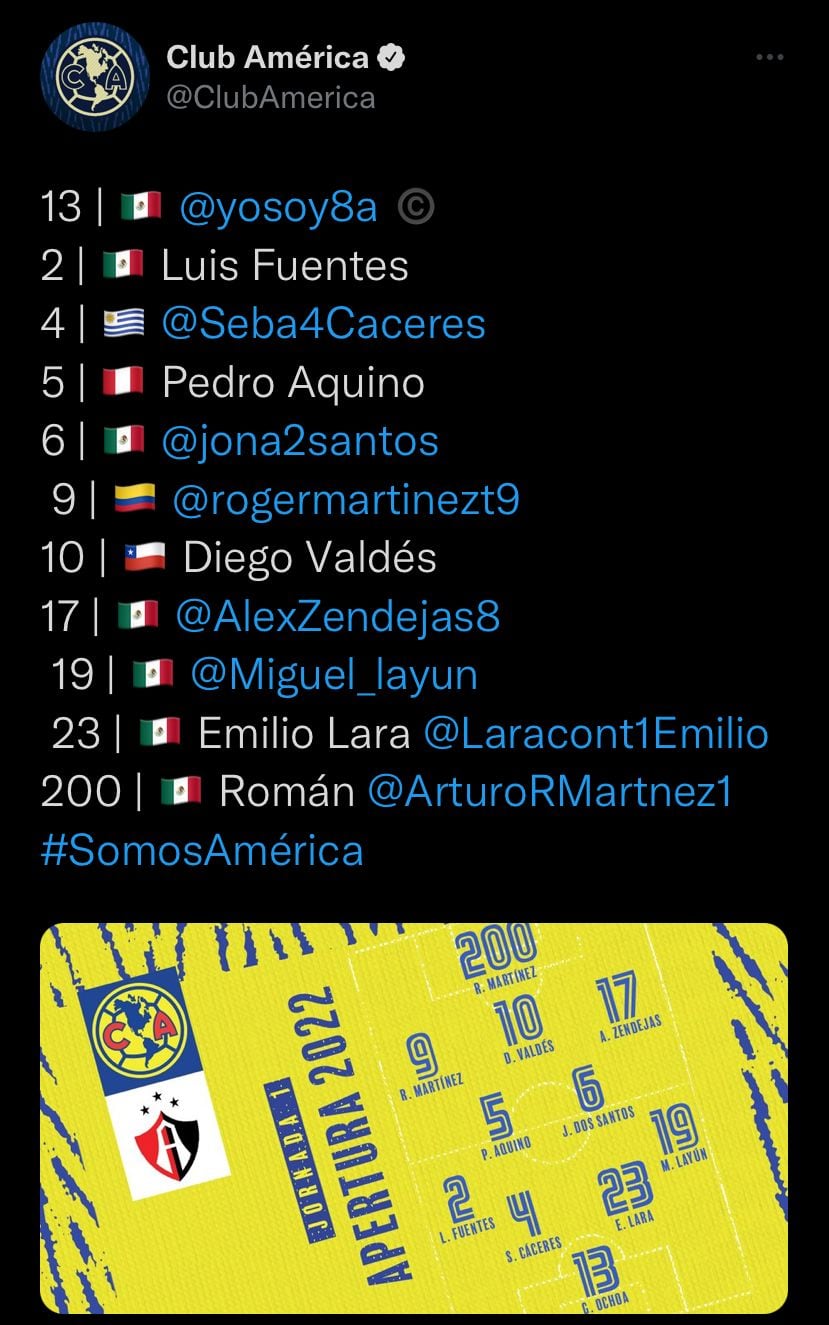 Club América manda su mejor once al terreno de juego frente a Atlas.