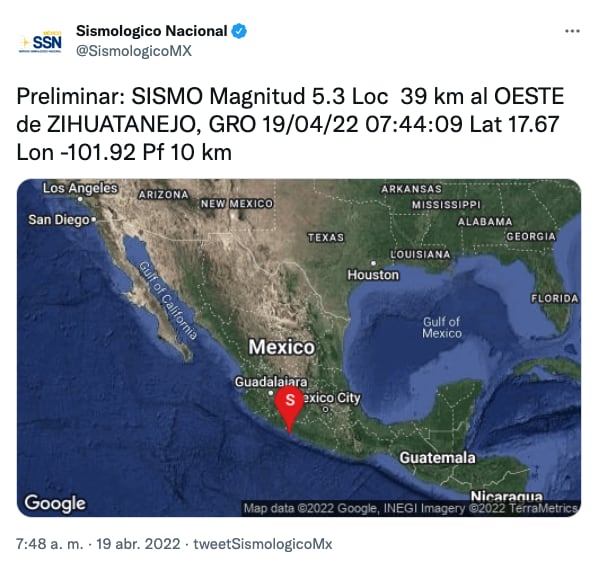 Tuit del Servicio Sismológico Nacional