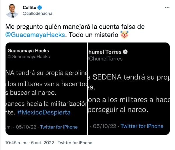 tuit de callo de hacha comparando tuits de Chumel Torres y de guacamaya hacks