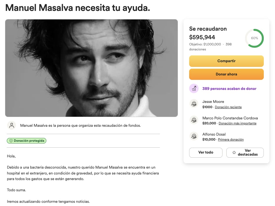 Piden un millón de pesos para gastos médicos de Manuel Masalva