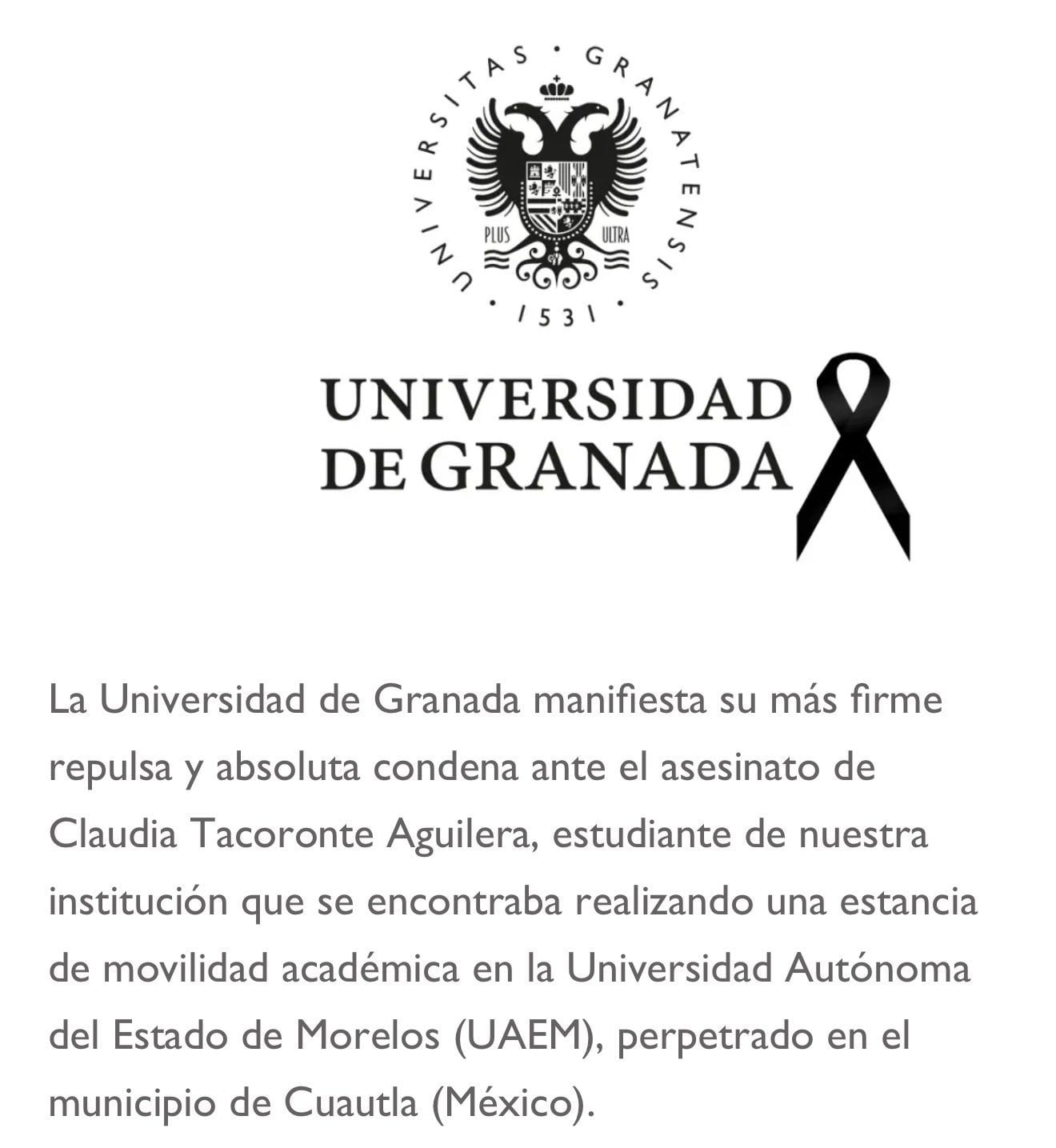 Comunicado de la Universidad de Granada ante el feminicidio de Claudia Tacoronte