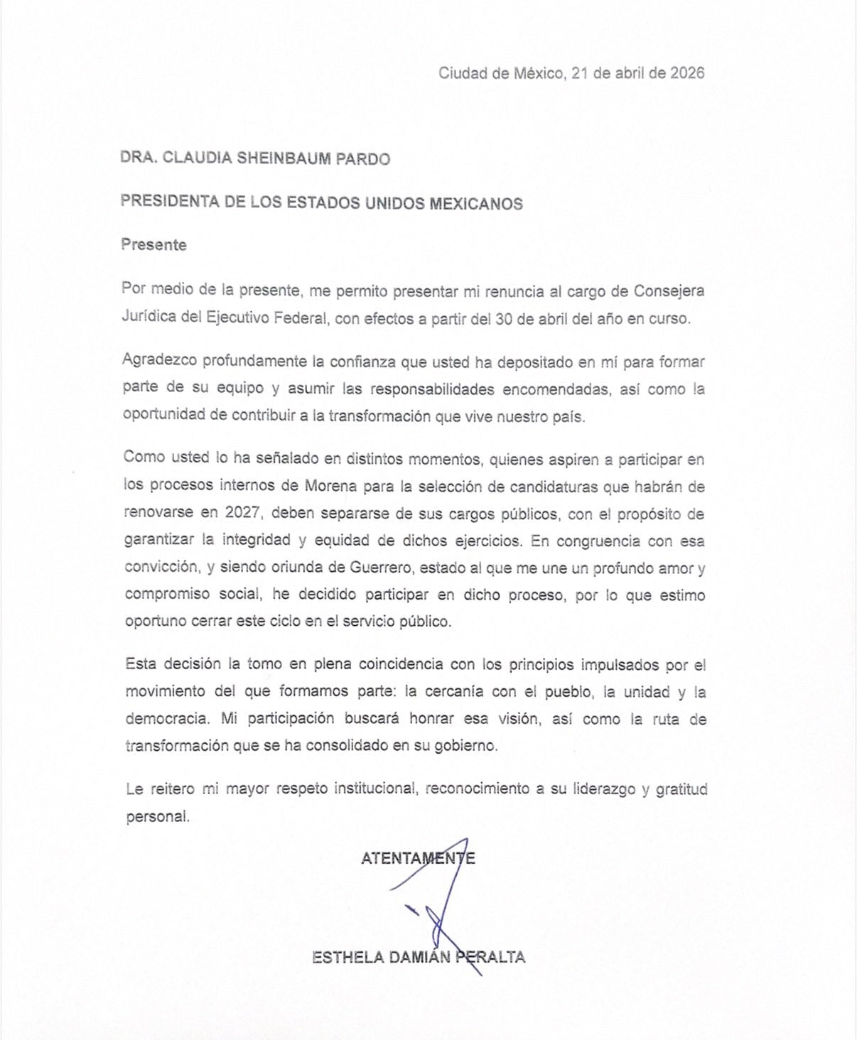 Carta de renuncia de Damián Guerrero a Claudia Sheinbaum.