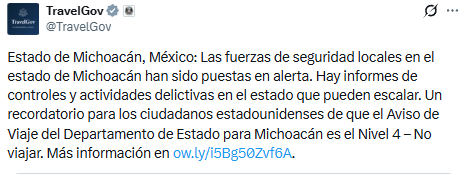 Estados Unidos emite alerta de viaje para Michoacán por inseguridad