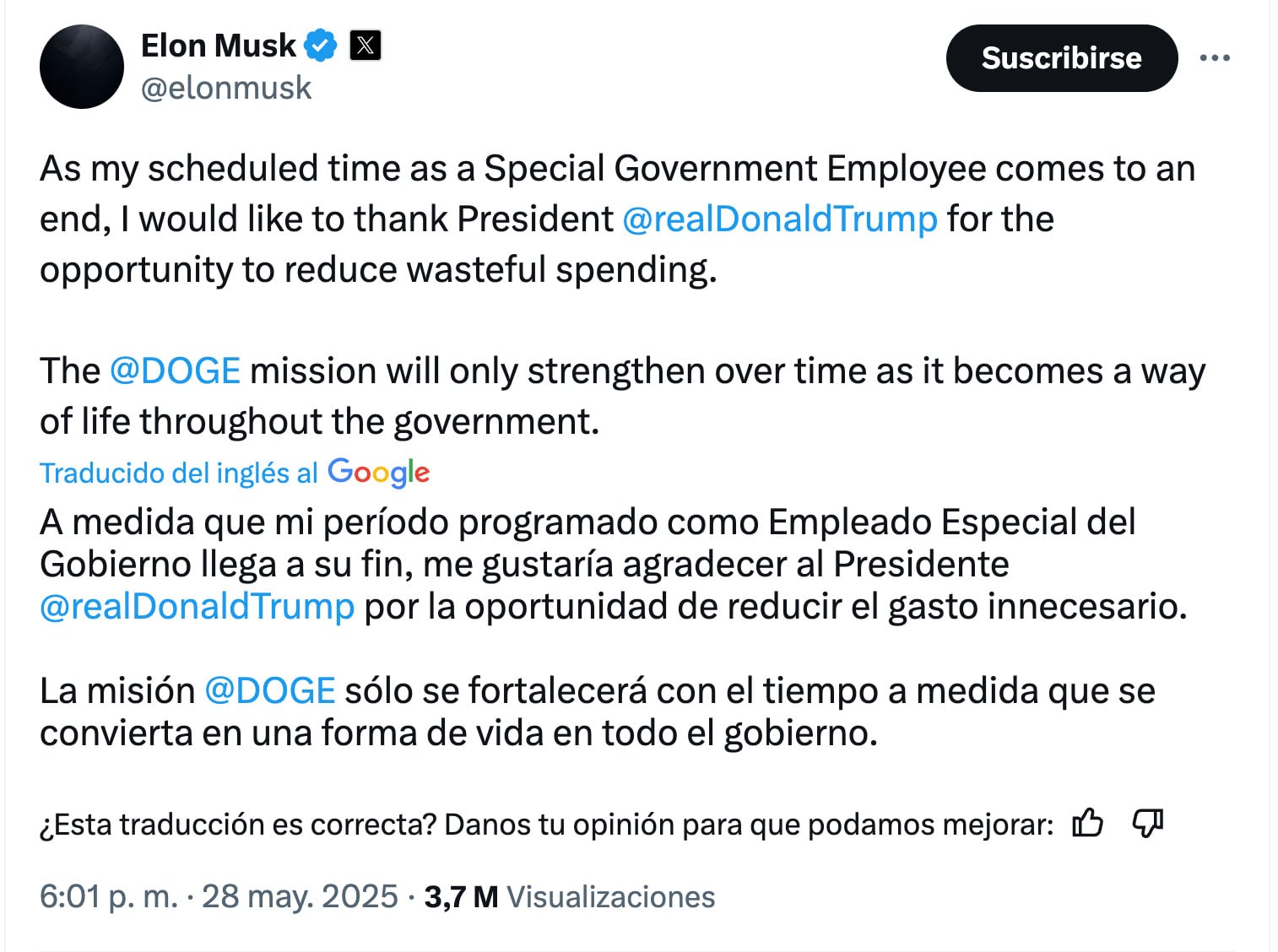 Elon Musk confirma su salida