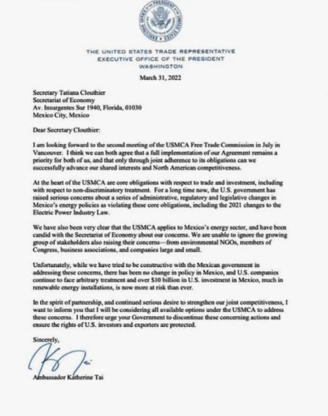 Carta de Katherine Tai, representante comercial de Estados Unidos