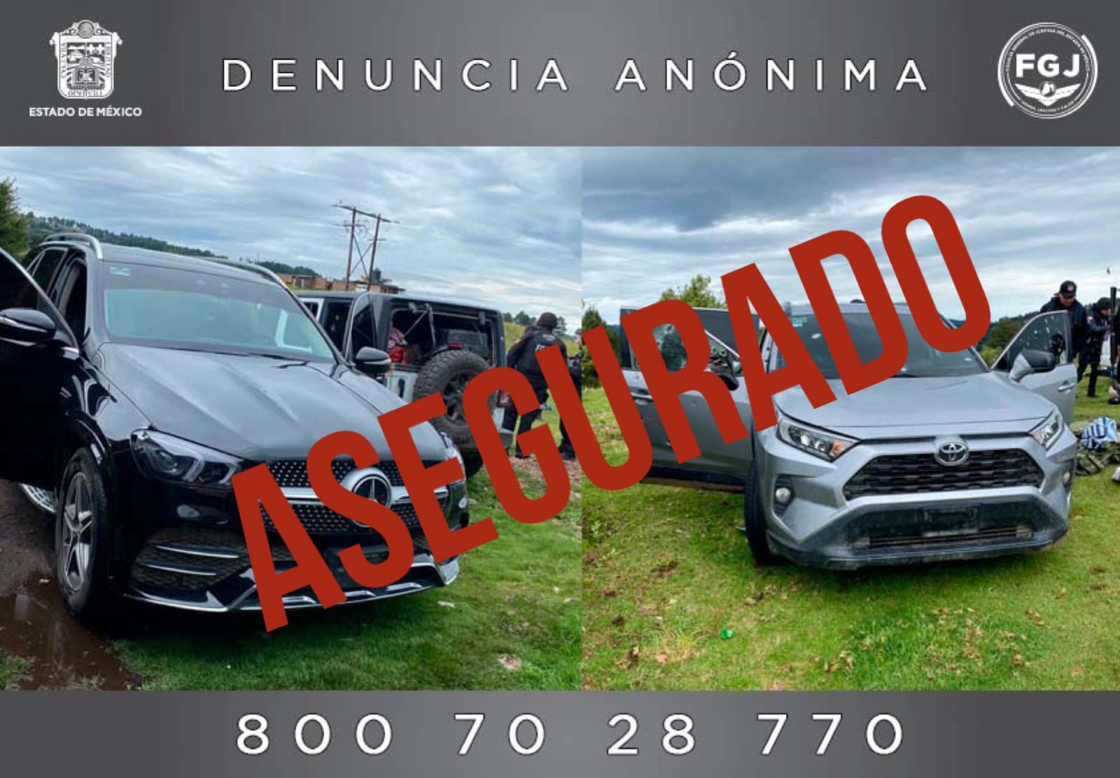 Equipo táctico y vehículos asegurados en la balacera de Texcaltitlán, Estado de México/FGJEM