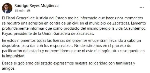 Secretario de Gobierno de Zacatecas confirmó asesinato de Cuauhtémoc Rayas